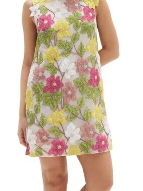 Rachel Gilbert Floral Appliqué Mini Dress in White, Pink, Yellow & Green